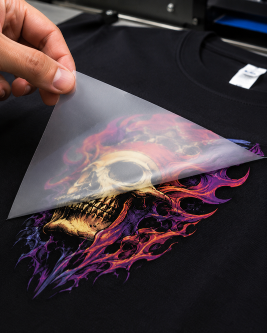 DTF transfer being peeled from a black shirt after heat pressing