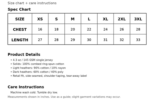 Smart Blanks 402 Premium Tee size chart with chest and length measurements plus care instructions
