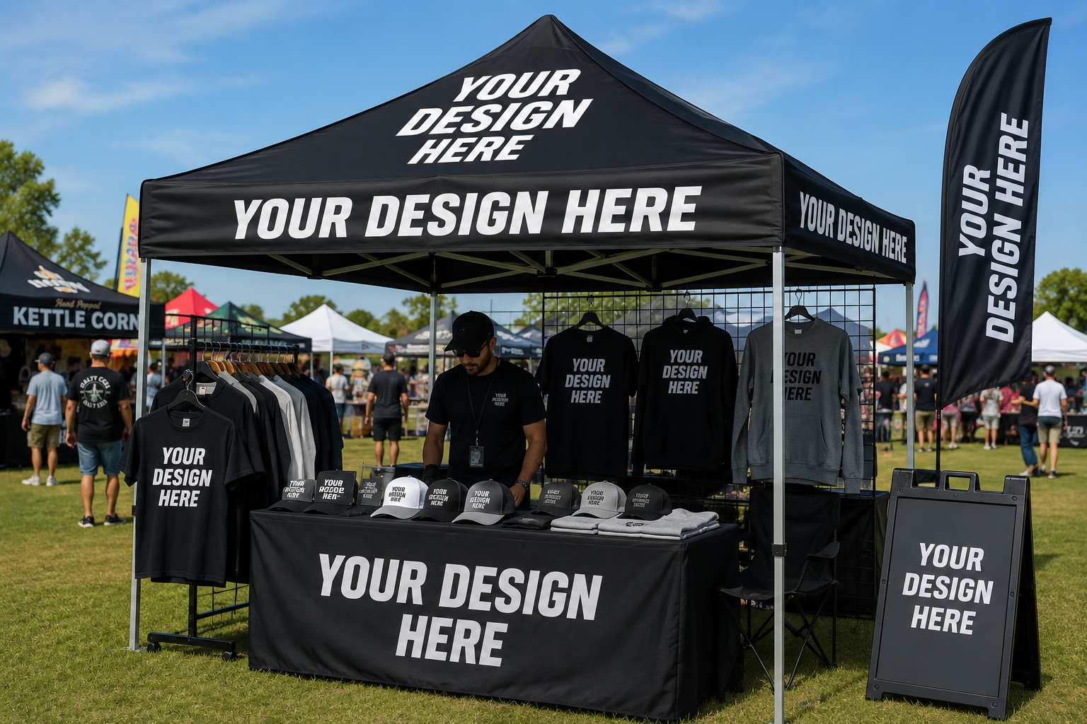 Custom canopy and event gear display with Your Design Here print