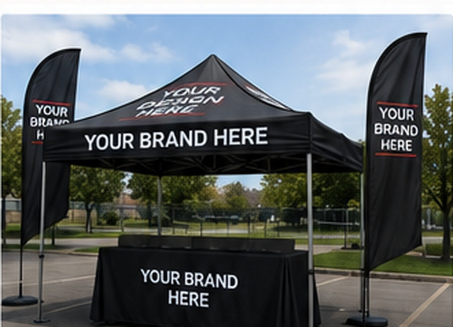 Black custom canopy and event flags saying Your Brand Here