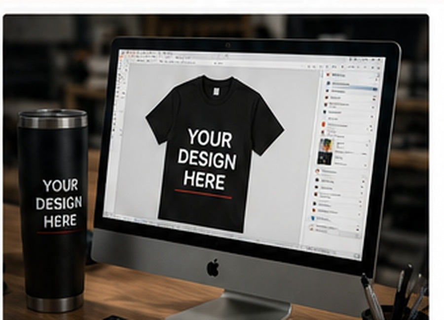 Custom design proofing workspace with shirt and tumbler mockups saying Your Design Here