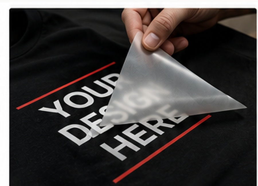 Direct to film transfer peel on black fabric with artwork saying Your Design Here