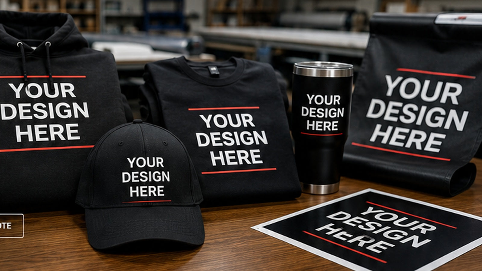 Custom product display with black apparel, hat, tumbler and transfer sheet saying Your Design Here