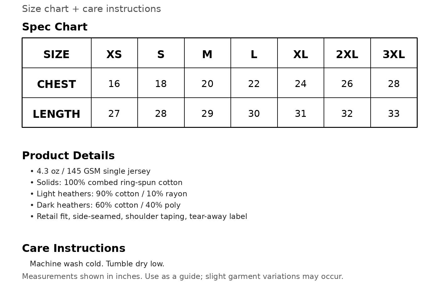Smart Blanks 402 Premium Tee size chart with chest and length measurements plus care instructions